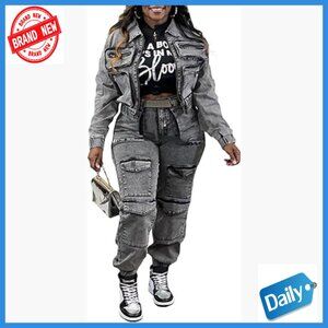 Two Piece Denim Set Long Sleeve Jacket Cargo Pants Matching Outfit X-Large